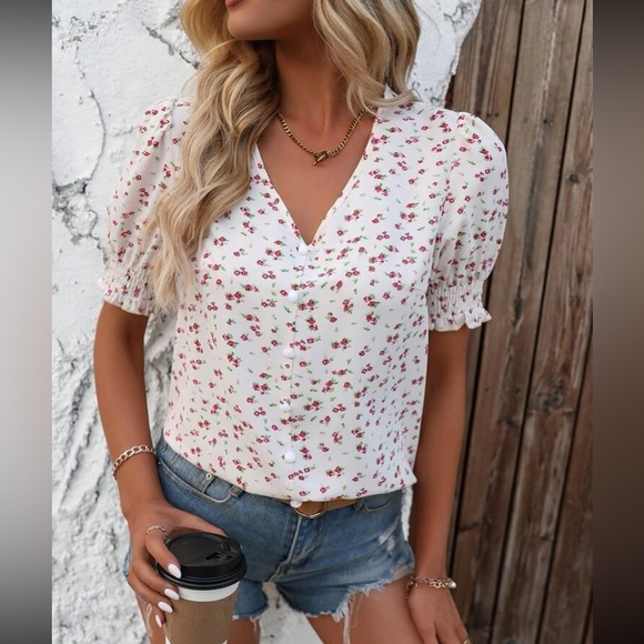 Boho floral print puff sleeve blouse